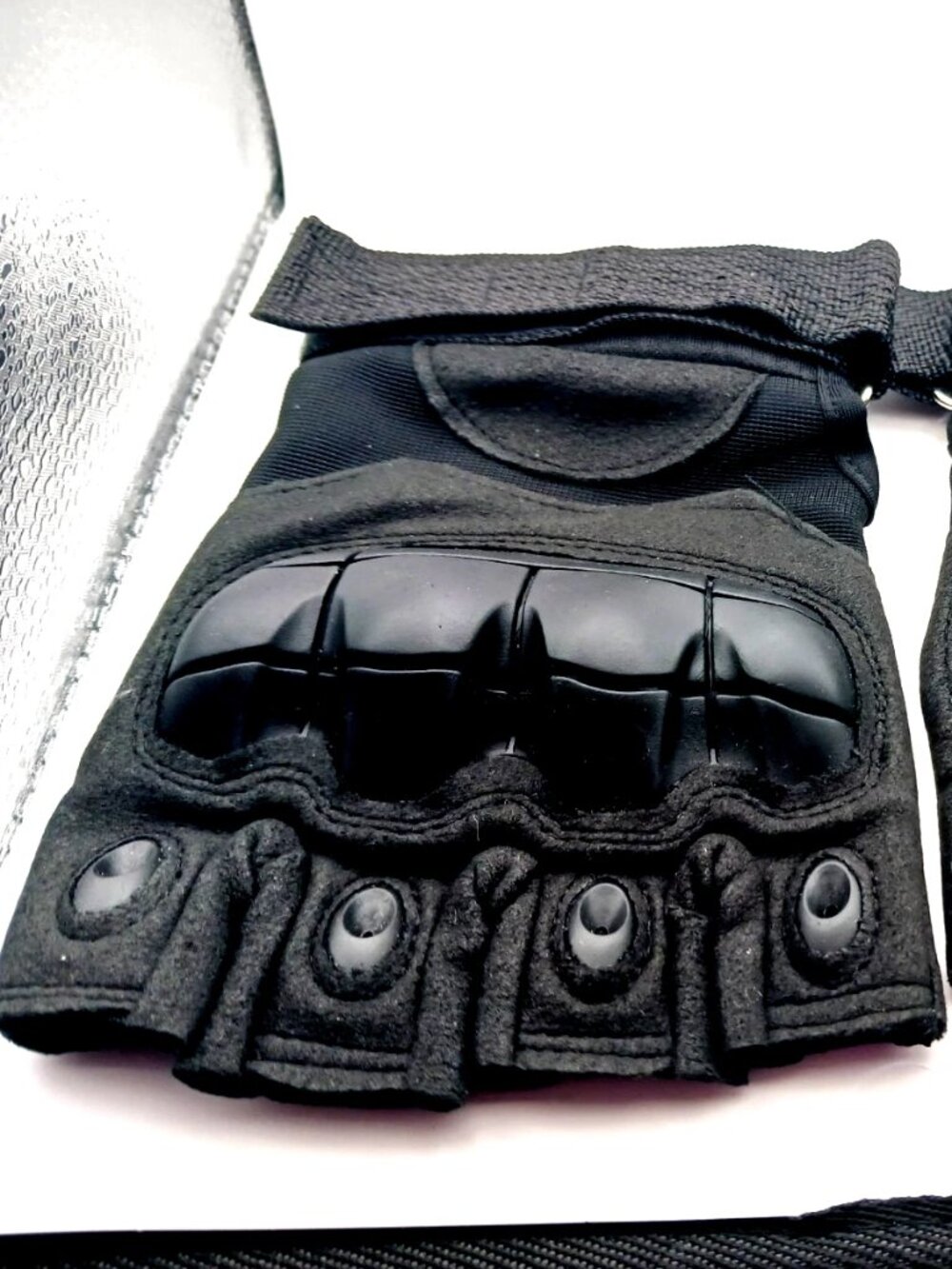 Goth Leather + Nylon Black Fingerless Gloves Punk Unisex New